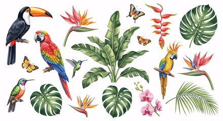 Naklejka na meble Watercolor tropical birds and plants illustration set with toucan, parrots, hummingbirds, butterflies, monstera leaves, orchids and exotic flowers, vibrant jungle design for prints, decor and fabric
