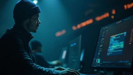 Man navigating coding on a computer screen in a dimly lit workspace