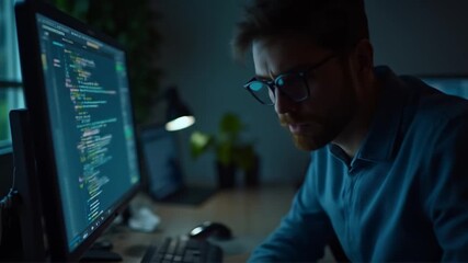 Focused programmer intently coding late into the night, illuminated by screen