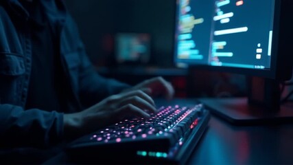 Intense coding session with illuminated keyboard and glowing screen display