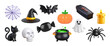 © shephotos - Set of Halloween clipart elements such as bat, cobweb, spider, cat, candle, candy, pumpkin, cauldron, ghost, witch hat, skull and coffin isolated. 3d rendering. PNG with transparent background