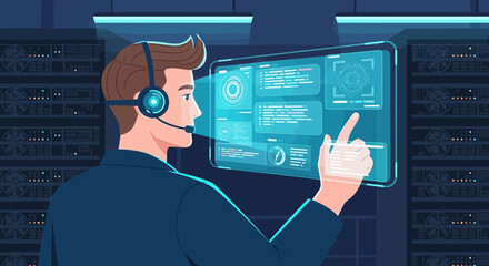 a skilled it specialist monitors server performance using a futuristic interface in data center