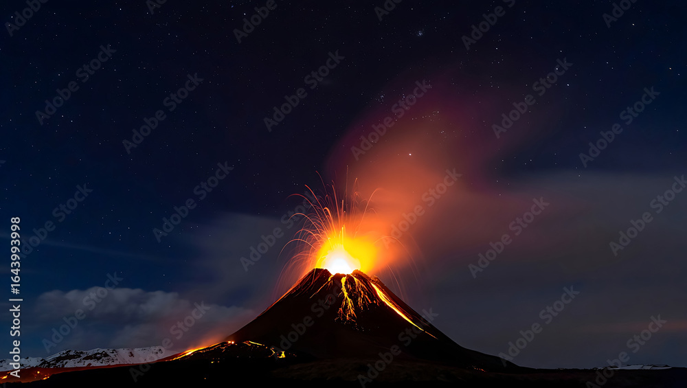 Dramatic volcanic eruption at night with glowing lava flows and star ...