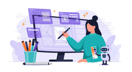 A digital designer creating wireframes and layouts for website interface design on her monitor