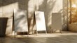 © NasrAI - Three blank, freestanding A-frame signs stand on a light beige floor against a textured tan wall, bathed in warm sunlight filtering through unseen foliage