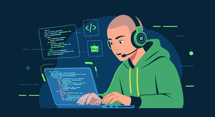 A focused programmer working on a laptop with code displayed on the screen illustrates software development or debugging