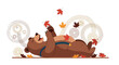 © YESSI - Cartoon bear lying on its back playing with falling leaves in autumn season vector illustration artwork for children and adults
