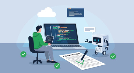 Cartoon illustration of a coder working with a robot for code review process in a modern workplace setting