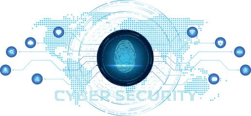 Isolated glowing fingerprint scan with holographic spinning world. template. Ideal for data management, analysis, and reporting technology add text or icons on finance, health. Transparent.