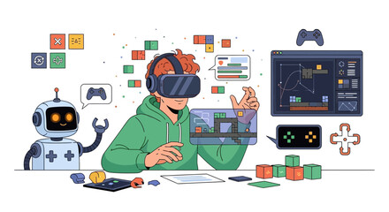 Conceptual illustration of a young man creating video games using virtual reality technology
