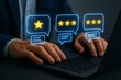 © Ismaile - Person typing on laptop with glowing speech bubbles showing star ratings customer review