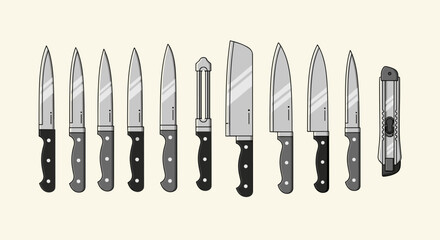 A collection of various kitchen knives including paring and chef knives and a utility knife displayed
