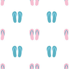 Pink and blue flip flops vector seamless pattern. Colorful summer sandals pattern on white background