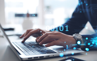 person typing on laptop with digital overlay and wrist watch