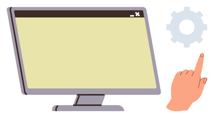 Computer monitor with a blank screen, cogwheel icon, and hand pointing. Ideal for technology, configuration, software, development, troubleshooting usability and innovation concepts. Simple flat