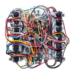 Complex electronic circuit board with intricate wiring and numerous components, isolated on transparent background