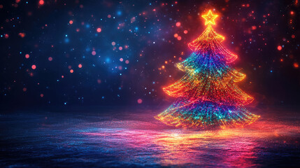 Wall Mural - futuristic neon christmas tree on glowing background with empty space for text or product display, p