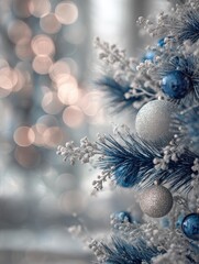 Wall Mural - enchanting winter wonderland closeup of frosted christmas tree branches adorned with delicate silver and blue ornaments soft bokeh lights in the background