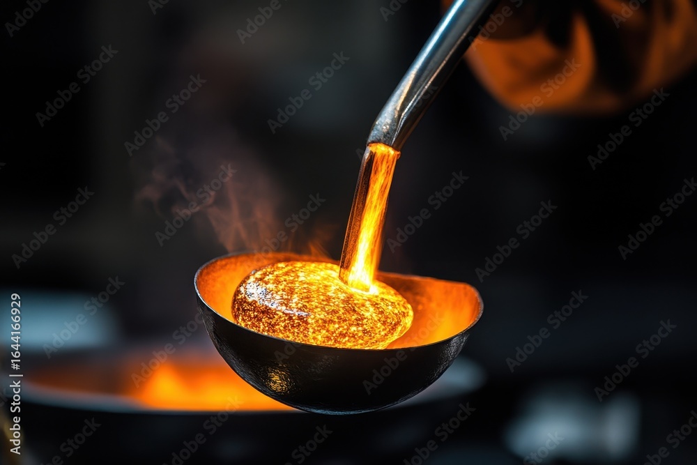 Molten steel being poured from a metal ladle, Molten steel is being ...