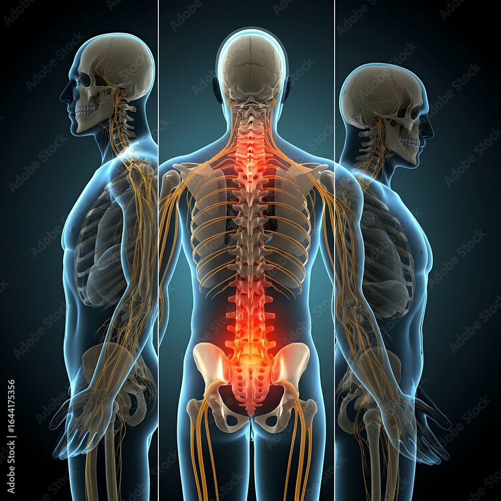 Human anatomy illustration showing the spine skeleton and nervous ...