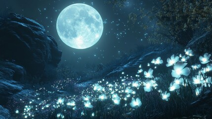 Wall Mural - a fantasy garden filled with bioluminescent flowers glowing under a full moon, ethereal and magical