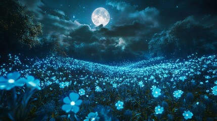 Wall Mural - a fantasy garden filled with bioluminescent flowers glowing under a full moon, ethereal and magical