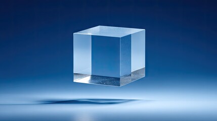 Transparent cube against a gradient blue background.