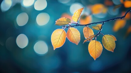 Wall Mural - Golden Foliage: Capturing the soft glow of autumn, delicate leaves adorn a branch, their vibrant hues set against a blurred backdrop of nature's enchanting beauty. 