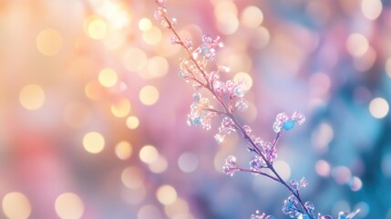 Wall Mural - Blooming Floral in Light: A delicate branch, adorned with blossoming flowers, is illuminated by a soft and dreamlike bokeh effect in a pastel hues.