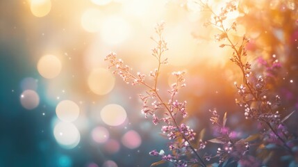 Wall Mural - Whispering Blossoms in Golden Light: Delicate wildflowers dance in a dreamlike haze of sunlight, the scene evokes feelings of peace, serenity, and the awakening of nature's subtle beauty.