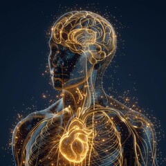 Wall Mural - Human torso silhouette with a radiant golden brain inside the head, golden energy lines flowing down to the heart area, glowing particles in the air, deep navy and gold color palette.