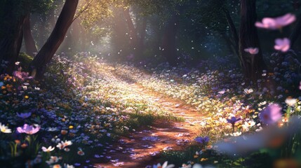 Wall Mural - A forest path covered in tiny wildflowers, enchanted and dreamy 