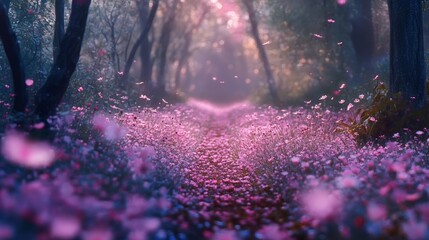 Wall Mural - A forest path covered in tiny wildflowers, enchanted and dreamy 