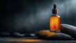 © SQUAREPIXEL - Aromatherapy Essence: A single bottle of golden-hued essential oil sits serenely atop smooth stones, evoking a sense of calm and well-being, with soft lighting enhancing its allure.