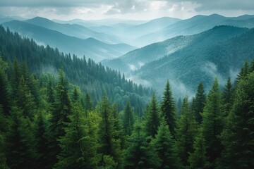 Vast green mountains under a cloudy sky showcasing layers of trees and mist in a serene landscape