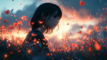 Wall Mural - Create a scene with a Japanese girl standing among vibrant flowers and butterflies, set against a stark white background. Every blade of grass should be detailed and visible, with stars gently falling