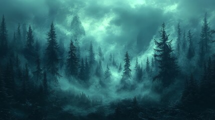 Wall Mural - Create an image of a dark, misty forest with towering trees and an ominous sky, evoking a sense of foreboding. The atmosphere should be thick with tension, as if something unknown is lurking just out 