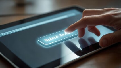 Hand touching submit button on tablet