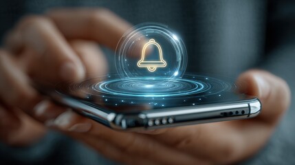 Person using mobile phone with notification bell icon and digital rings, receiving notifications
