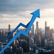 © Gouasmia - Blue Upward Arrow Graph Shows Growth Over City Skyline Representing Business Success and Financial Prosperity