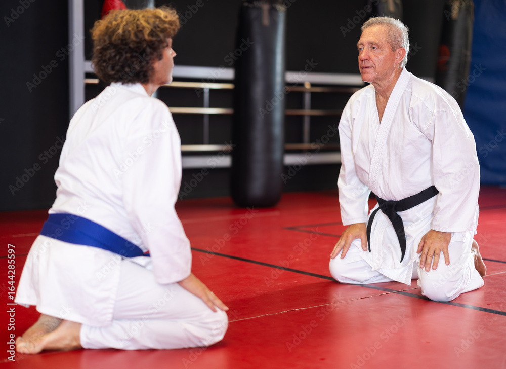 Experienced karate sensei kneeling in seiza opposite attentive middle ...