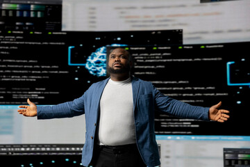 black programmer specialist engaging in software development at a high tech workstation, focused on 