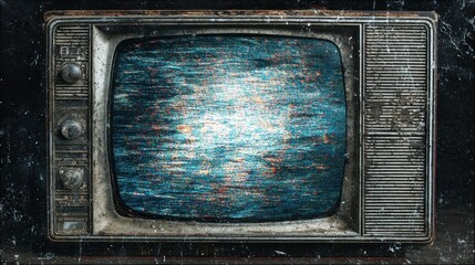 Black and white close up of a vintage television with buttons and a blank screen