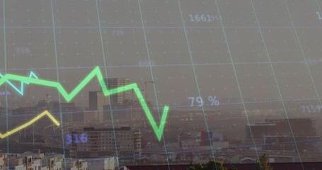 Wall Mural - Opening urban skyline with grid animating line graphs showing numeric labels reflecting market data