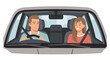 © Vincenzo - Family trip illustration depicting man driving with woman in car, enjoying road trip. Family trip includes driver with safety belt and smiling passenger on road.