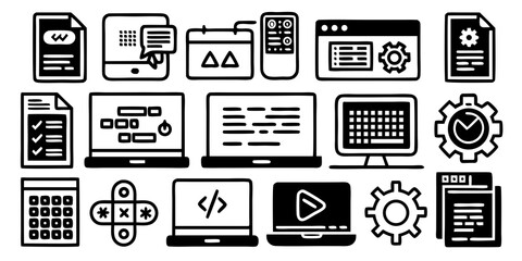 Black and White Icons Representing Technology, Coding, and Digital Workflows collection