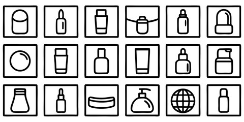 Collection of cosmetic and skincare product container icons in a grid layout bottle dispenser