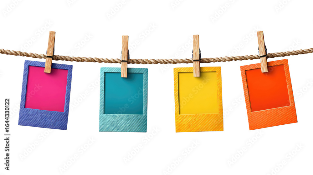 Four Instant Photo Frames Hanging on Rope isolated on transparent ...