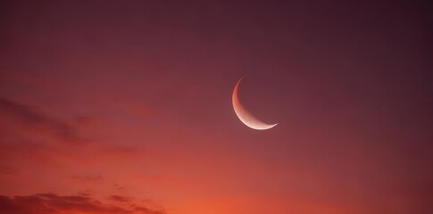 Wall Mural - Bright crescent moon glows against vibrant red sky, scene, red sky