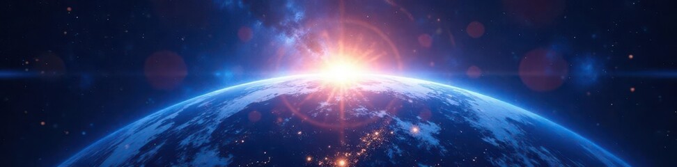 Wall Mural - Vibrant blue planet Earth, radiant light beam erupting , vibrant, light